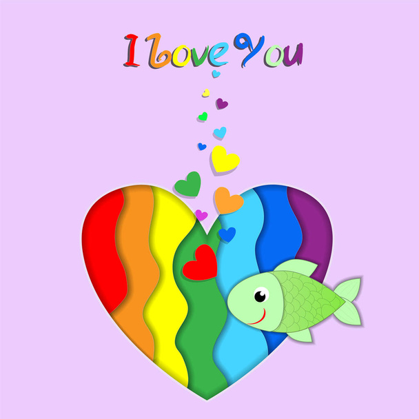 I love you paper cut fish on rainbow heart card - Vector, Image