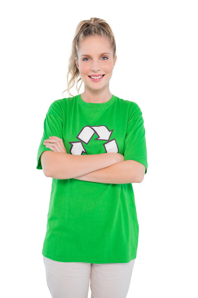 Happy blonde activist wearing recycling tshirt posing - Foto, afbeelding