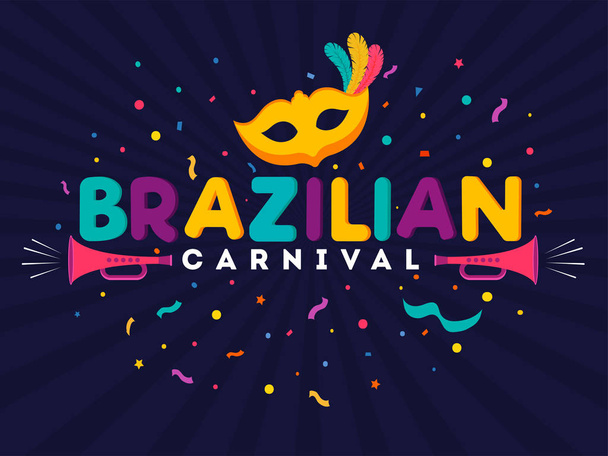 farbenfroher brasilianischer Karnevalstext mit Partymaske, Trompete und Co - Vektor, Bild