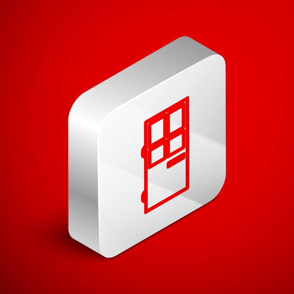 Isometrische lijn Gesloten deurpictogram geïsoleerd op rode achtergrond. Zilveren vierkante knop. Vector Illustratie - Vector, afbeelding