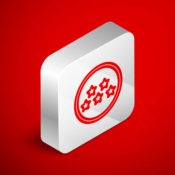 Isometric line Five stars customer product rating review icon isolated on red background. Favorite, best rating, award symbol. Silver square button. Vector Illustration - Vector, Image