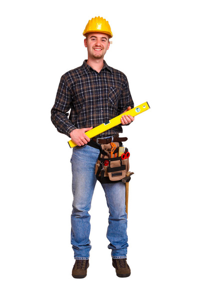 portrait of a smiling carpenter with a drill - Zdjęcie, obraz
