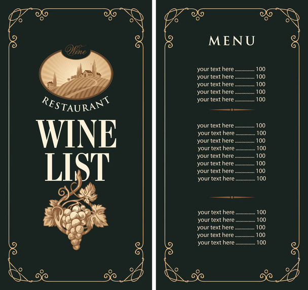 bor menü ár listát és a szőlőültetvény táj - Vektor, kép