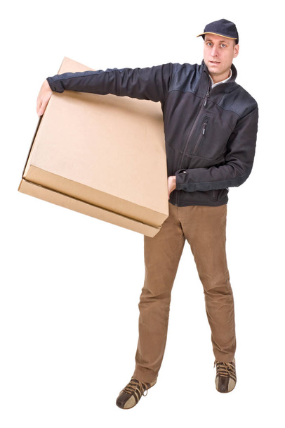 delivery man with cardboard box isolated on white - 写真・画像