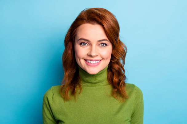 Close-up portrait of her she nice attractive cheerful cheery wavy-haired girl healthy beaming smile isolated over bright vivid shine vibrant green blue turquoise teal color background - Photo, Image