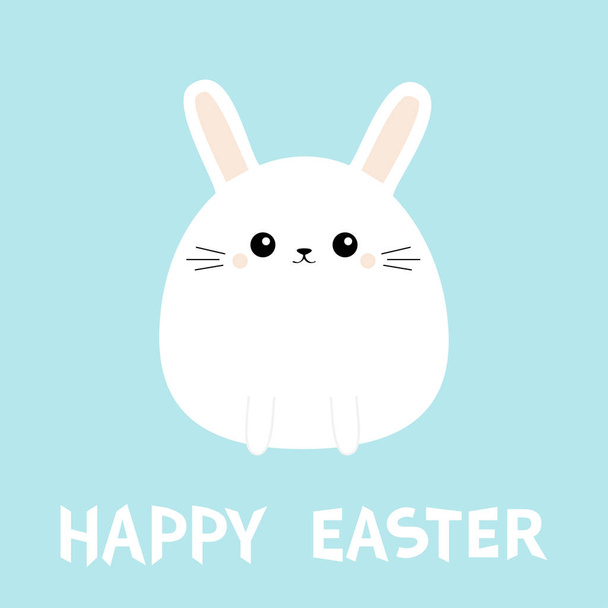Happy Easter. White bunny rabbit icon. Funny head face. Cute kawaii cartoon round character. Baby greeting card template. Sign symbol. Blue background. Flat design. - ベクター画像