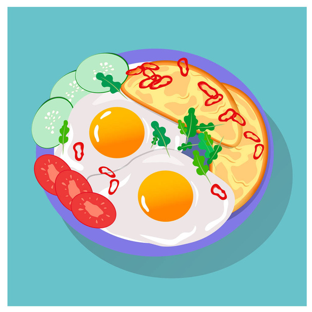 Breakfast of eggs, bread and hot peppers - Vector, Image