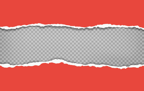 Stukken gescheurd horizontaal helder rood papier met zachte schaduw zijn op grijze vierkante achtergrond voor tekst. Vectorillustratie - Vector, afbeelding