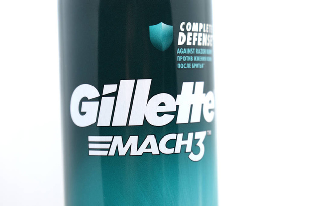 Ukraine, Kremenchug - January, 2020: Gillette Shaving Gel on white background. Gillette is an brand of safety razors. - Фото, изображение