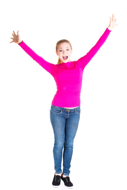 Excited happy woman with hands up - Foto, imagen