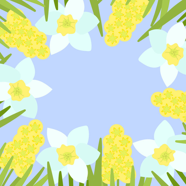 Beautiful frame with white daffodils and hyacinths. Vector floral design for poster, greetings and more on blue - Vector, Image