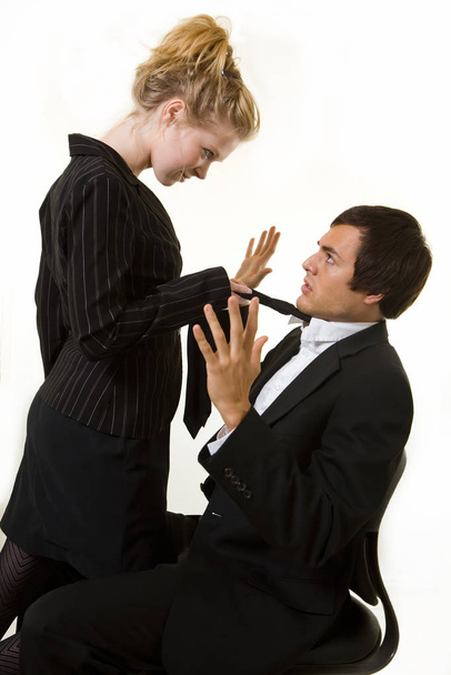 young couple in love, man and woman in black suit and tie with bow - Foto, immagini