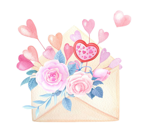 Watercolor Envelope with pink rose,red heart,lollipop on white background.Cute watercolor illustration - Foto, Bild