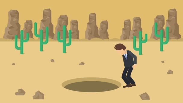 Businessman walking. Fall into the hole of desert over the hill. Canyon. Wilderness. Get caught in a trap. Business concept. Loop animation. - Footage, Video