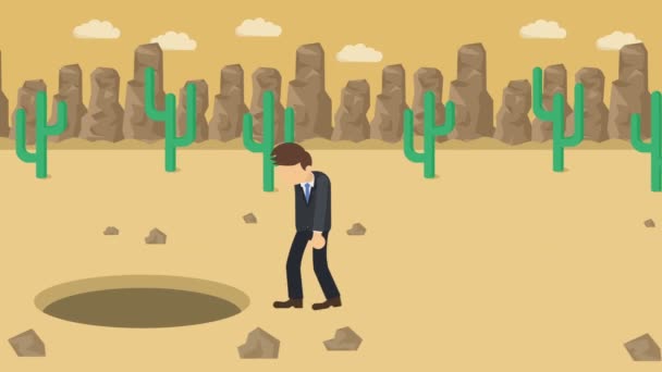 Businessman walking. Jump over the hole of desert over the hill. Canyon. Wilderness. Get caught in a trap. Business concept. Loop animation. - Footage, Video