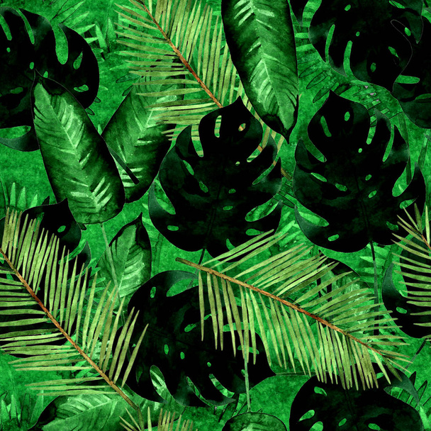 aquarel groene palm bladeren naadloze patroon illustratie. Tropische achtergrond - Foto, afbeelding