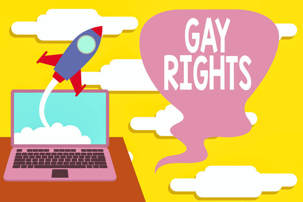 Kézírás szöveg Meleg jogok. Fogalmi fotó egyenlő polgári és szociális jogok a homoszexuálisok egyének Sikeres rakétakilövés felhők ki laptop háttér. Induló növekedés - Fotó, kép