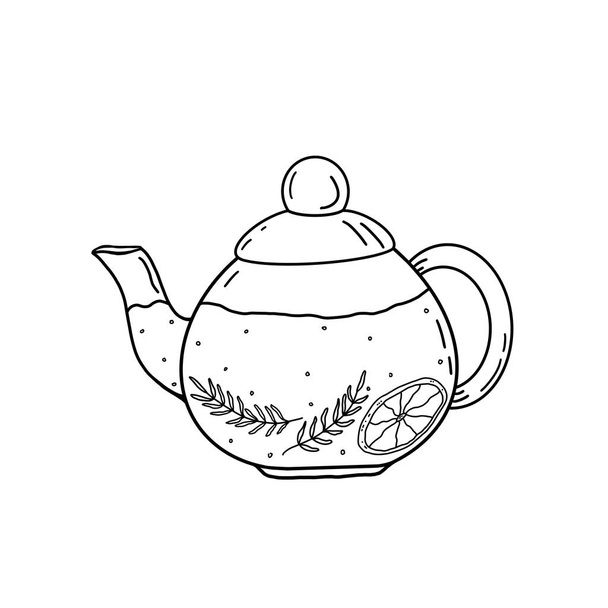 Átlátszó üveg teáskanna teával. Teáskanna teával, szeletelt spriggel és citromszelettel. Monokróm illusztráció fehér háttérrel. Elem a tervezés. - Fotó, kép