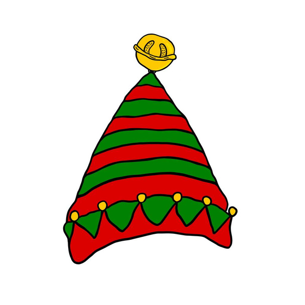 Рождественская шляпа в полоску с золотым колокольчиком. Эльфийская шляпа в красных и зеленых полосах на белом фоне. Изолированный объект для праздничного оформления
. - Фото, изображение