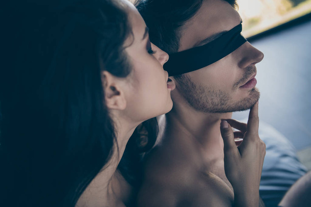 Cropped close-up portrait of his he her she nice attractive gentle perfect sweet couple life partners enjoying romance date guys eyes covered at room hotel house indoors - Fotoğraf, Görsel