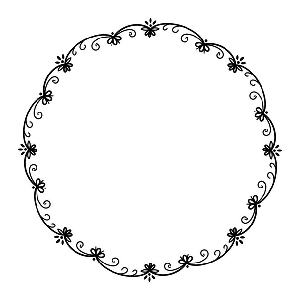 Black and white floral round frame on a white background. Openwork frame of abstract flowers and elements with place for text. - Foto, imagen