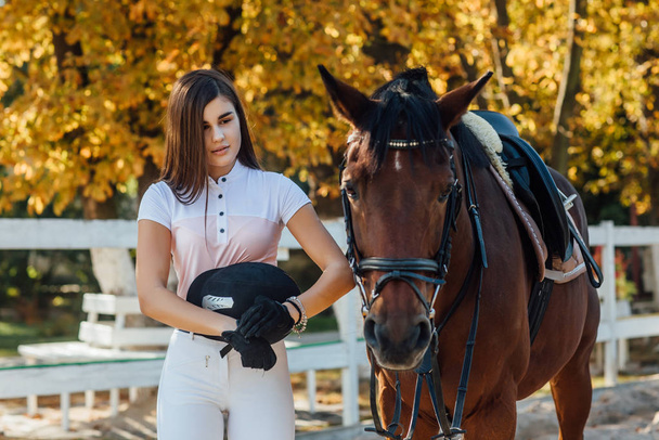 vrouwelijke ruiter met paard, selectieve focus - Foto, afbeelding