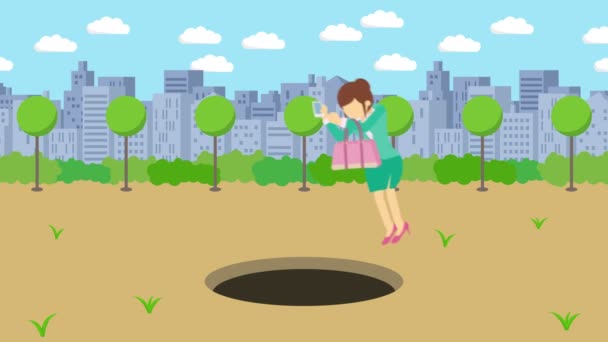 Businesswoman walking. Fall into the hole of modern city park. Field. Skyline building. Get caught in a trap. Business concept. Loop animation. - Footage, Video