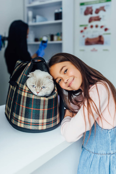 professional veterinarian and girl with cat, selective focus - Fotografie, Obrázek