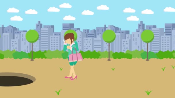 Businesswoman walking. Jump over the hole of modern city park. Field. Skyline building. Get caught in a trap. Business concept. Loop animation. - Footage, Video