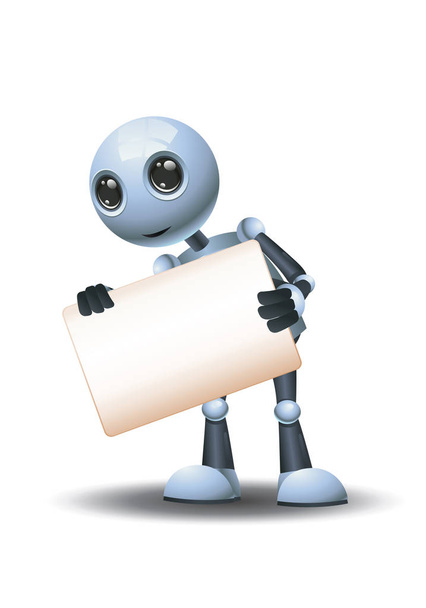 3d illustratie van kleine robot leunend naar de zijkant terwijl het houden van lege business sign communicatie - Foto, afbeelding