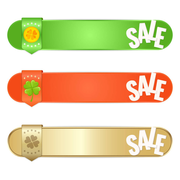 Set of banners for St. Patricks day with four-leaf clover and coin on white background. - Vecteur, image