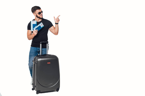 Man traveler with suitcase isolated on white background - Foto, Imagem