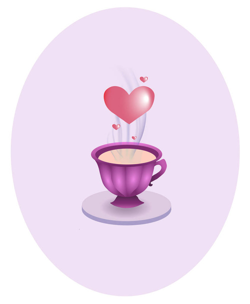 Ρομαντικό πρωινό καφέ σε ένα ροζ κύπελλο με καρδιές που ρέει πάνω - Διάνυσμα, εικόνα