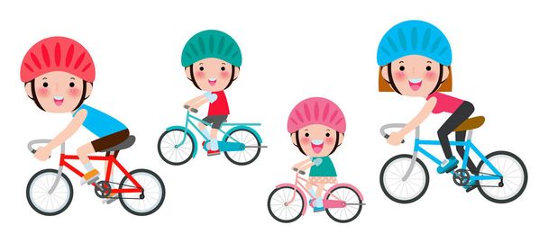 Állítsa be a változatos családi lovaglás kerékpárok elszigetelt fehér alapon. Boldog családi lovaglás kerékpárok, Sport család koncepció Vektor illusztráció elszigetelt fehér háttér - Vektor, kép