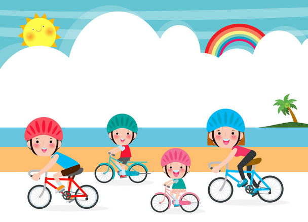 Happy family biking on summer holidays, Husband and Wife with Children Spend Time Cycling on Background Sea Vector illustration  - Вектор, зображення