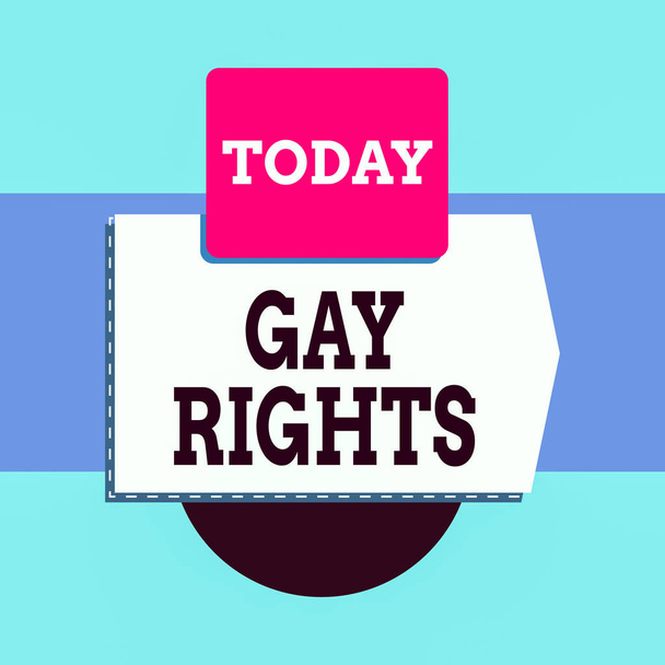 Πινακίδα που δείχνει τα δικαιώματα των γκέι. Επαγγελματικό φωτογραφικό κείμενο ίσα αστικά και κοινωνικά δικαιώματα για τους ομοφυλόφιλους Λευκά banner ορθογώνιο τετράγωνο πάνω από ημικύκλιο κάτω Γεωμετρικό υπόβαθρο - Φωτογραφία, εικόνα