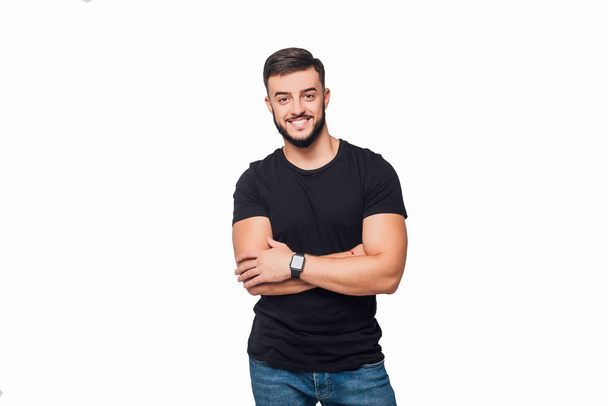 Portrait of young guy, sport trainer with crossed arms stay isolated on white background - Foto, Imagem