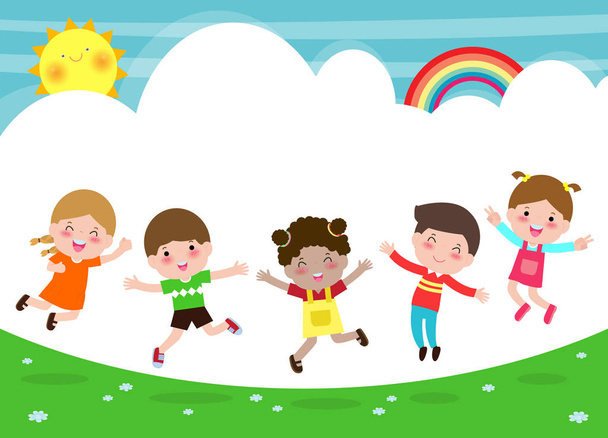 Bambini felici che saltano e ballano sul parco, attività per bambini, bambini che giocano nel parco giochi, Modello per brochure pubblicitaria, il tuo testo, piatto Personaggio dei cartoni animati divertente, illustrazione vettoriale di design - Vettoriali, immagini