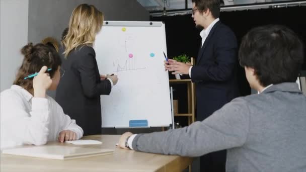 Businesspeople with whiteboard discussing strategy in a meeting - Materiaali, video