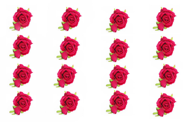 holiday card collage of several red roses with green leaves for the holiday of March 8 and Valentine's Day - 写真・画像