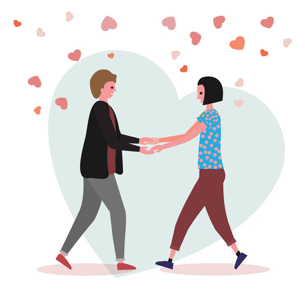 Kochająca się para z sercem w tle. Szablon Walentynek. Mężczyzna i kobieta trzymający się za ręce - Wektor, obraz