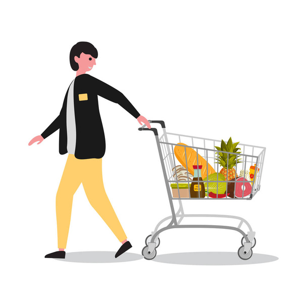 Mann geht mit Einkaufswagen im Supermarkt einkaufen - Vektor, Bild