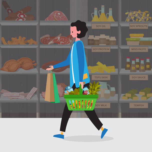 Žena dělá nákupy v supermarketu s nákupním košíku - Vektor, obrázek