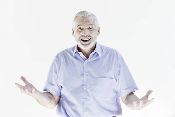 happy smiling senior man in casual clothes standing against white background - 写真・画像