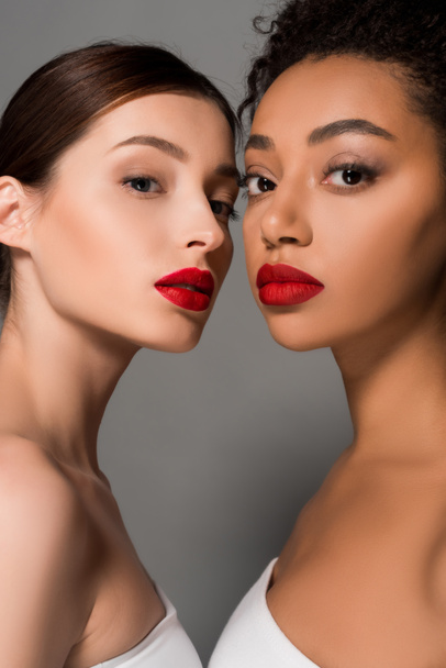 beautiful nude multiracial girls with red lips, isolated on grey - Zdjęcie, obraz