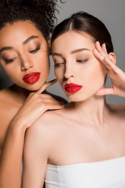 attractive nude multiracial girls with red lips, isolated on grey - Photo, Image