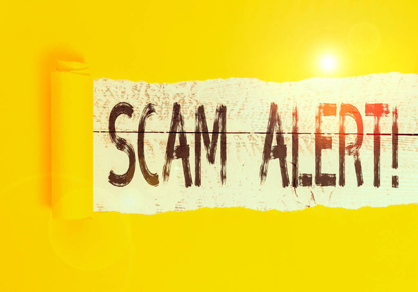 Text sign showing Scam Alert. Business photo text fraudulently obtain money from victim by persuading him Cardboard which is torn in the middle placed above a wooden classic table - Photo, Image