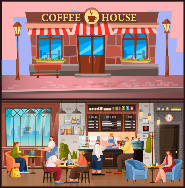 Coffeehouse Exterior and Interior, People in Cafe - Vector, Image