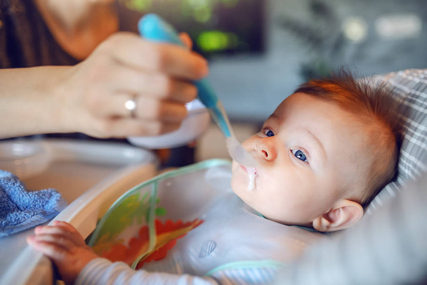 Önlüklü, aç, beyaz bir erkek bebek koltuğunda oturup bebek maması yiyor. Annesi ona ilk kez yemek veriyor.. - Fotoğraf, Görsel