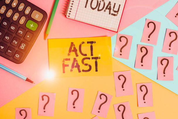 Conceptual hand writing showing Act Fast. Concept meaning Voluntarily move in the highest state of speed initiatively Mathematics stuff and writing equipment on pastel background - Photo, Image